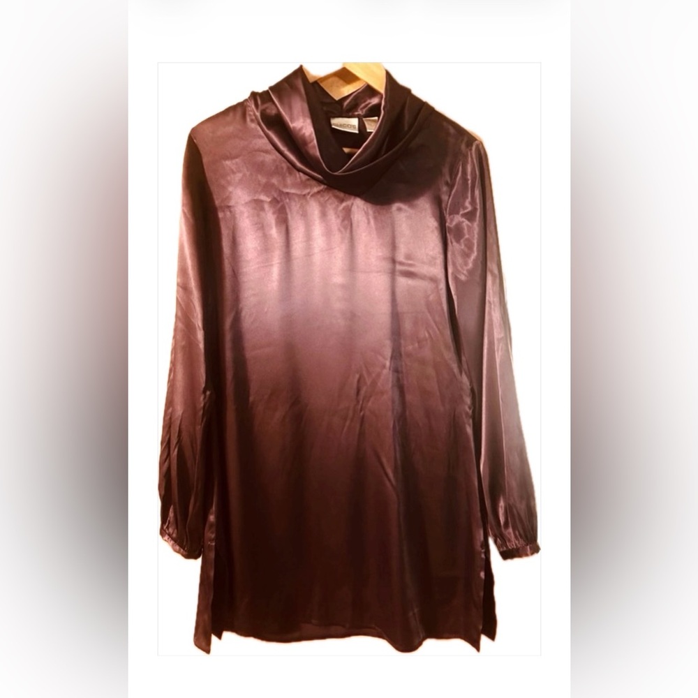CHICOS Y2K Satin Dress/Tunic. Rich Eggplant Purple. Cowl Neck, Button Cuff